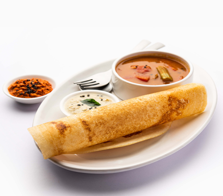 Plain dosa with sambar and chutneys